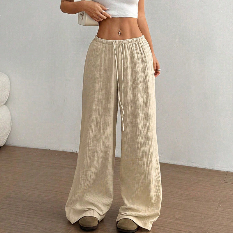 Casual Solid Color Loose Wide-Leg Floor-Length Trousers