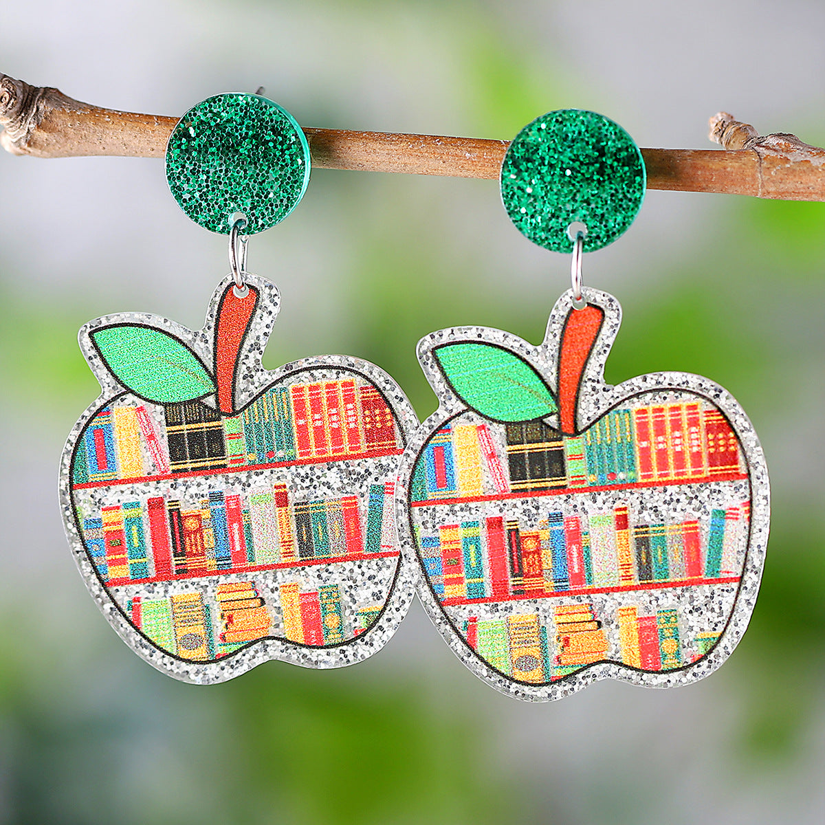 Sequined Apple Book Ruler Rainbow Earrings