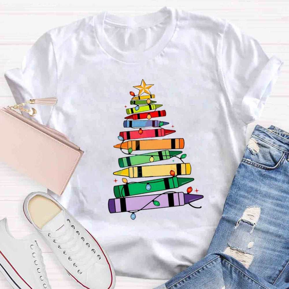Christmas Crayons Tree Colored Lights Teacher T-shirt