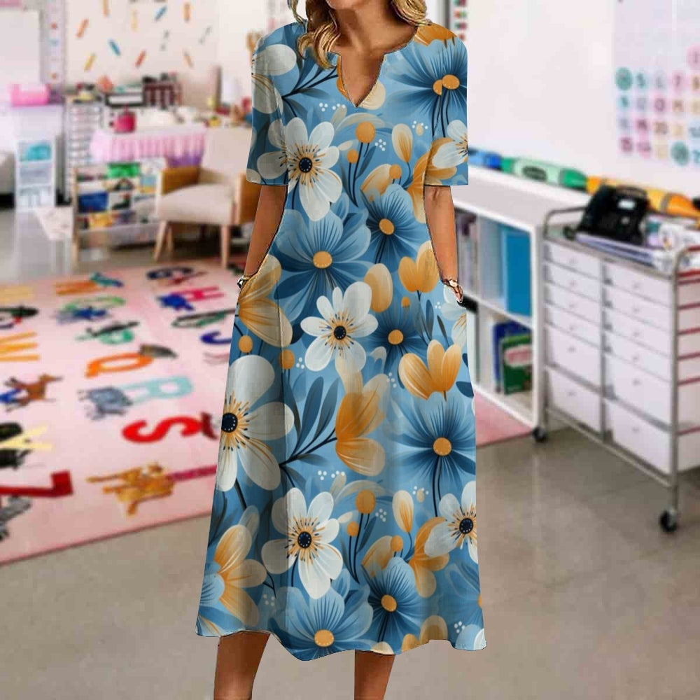 Blue Orange Seamless Abstract Flower Dress