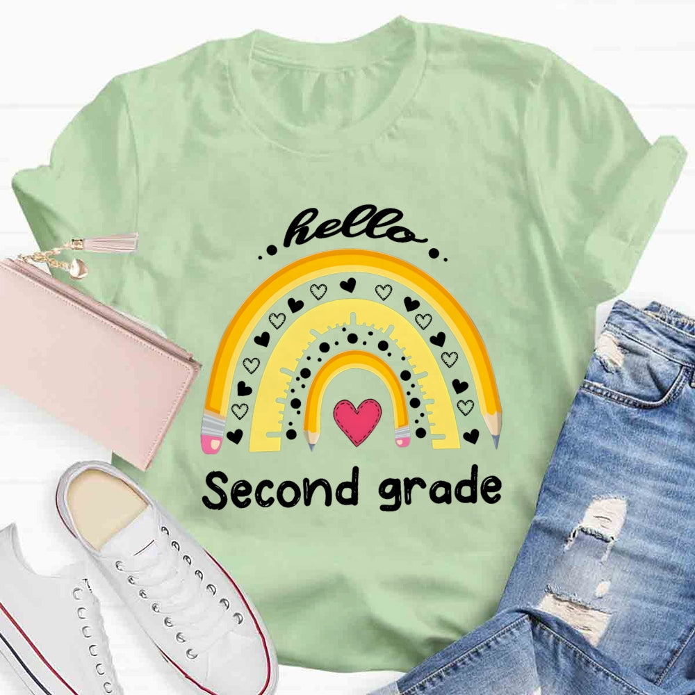 Personalized Grade Heart And Rainbow Hello Second Grade T-shirt