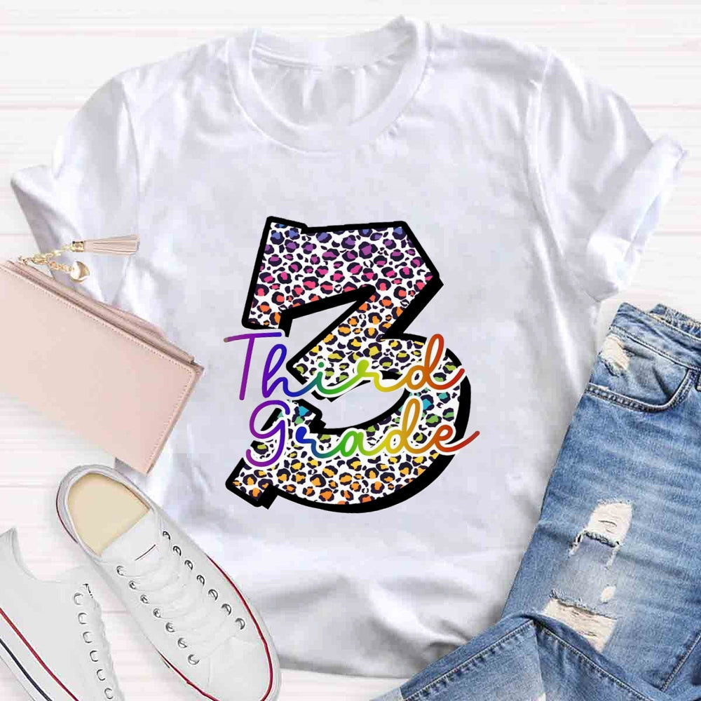 Personalized Grade Leopard Number Colorful Letter Third Grade T-shirt