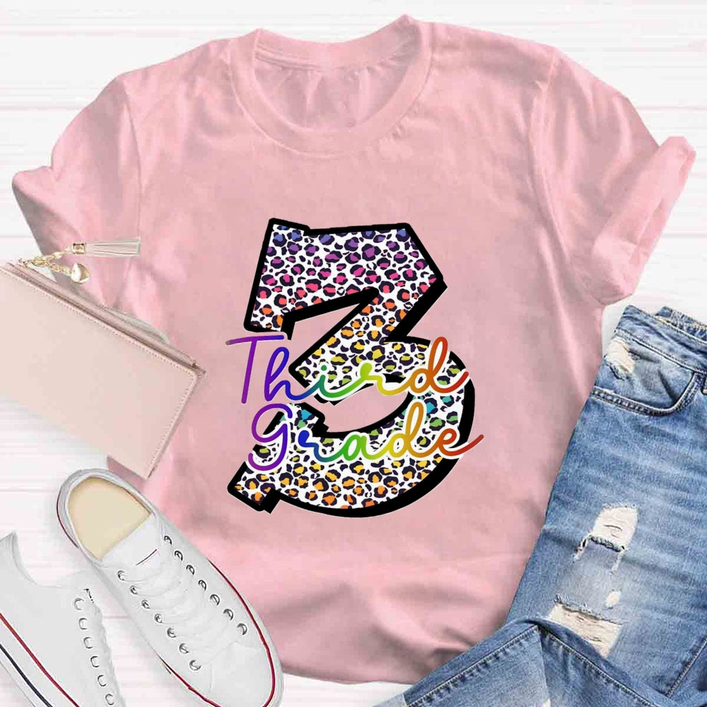 Personalized Grade Leopard Number Colorful Letter Third Grade T-shirt