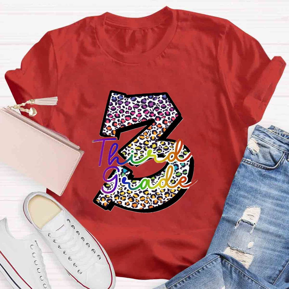 Personalized Grade Leopard Number Colorful Letter Third Grade T-shirt