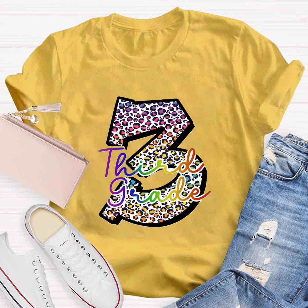 Personalized Grade Leopard Number Colorful Letter Third Grade T-shirt