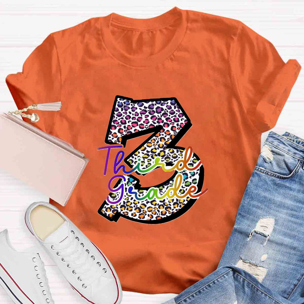 Personalized Grade Leopard Number Colorful Letter Third Grade T-shirt
