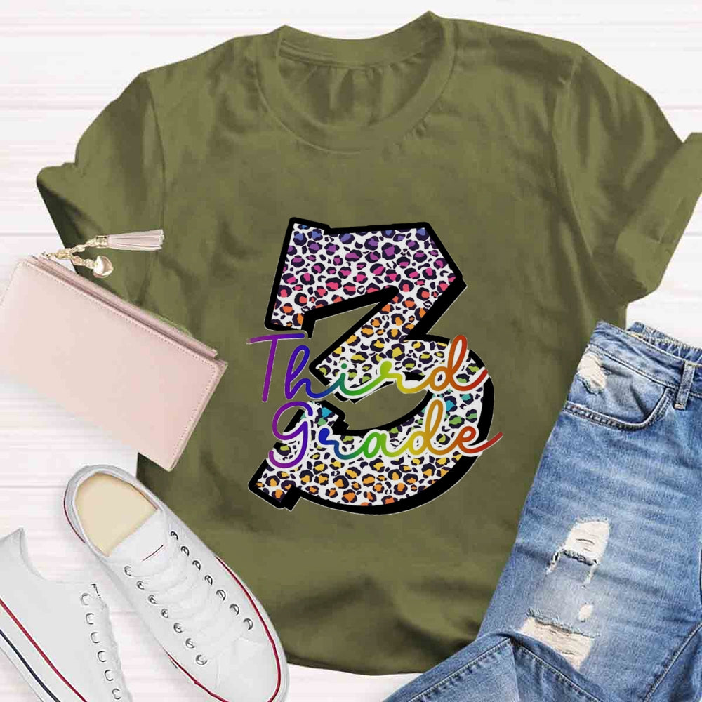 Personalized Grade Leopard Number Colorful Letter Third Grade T-shirt