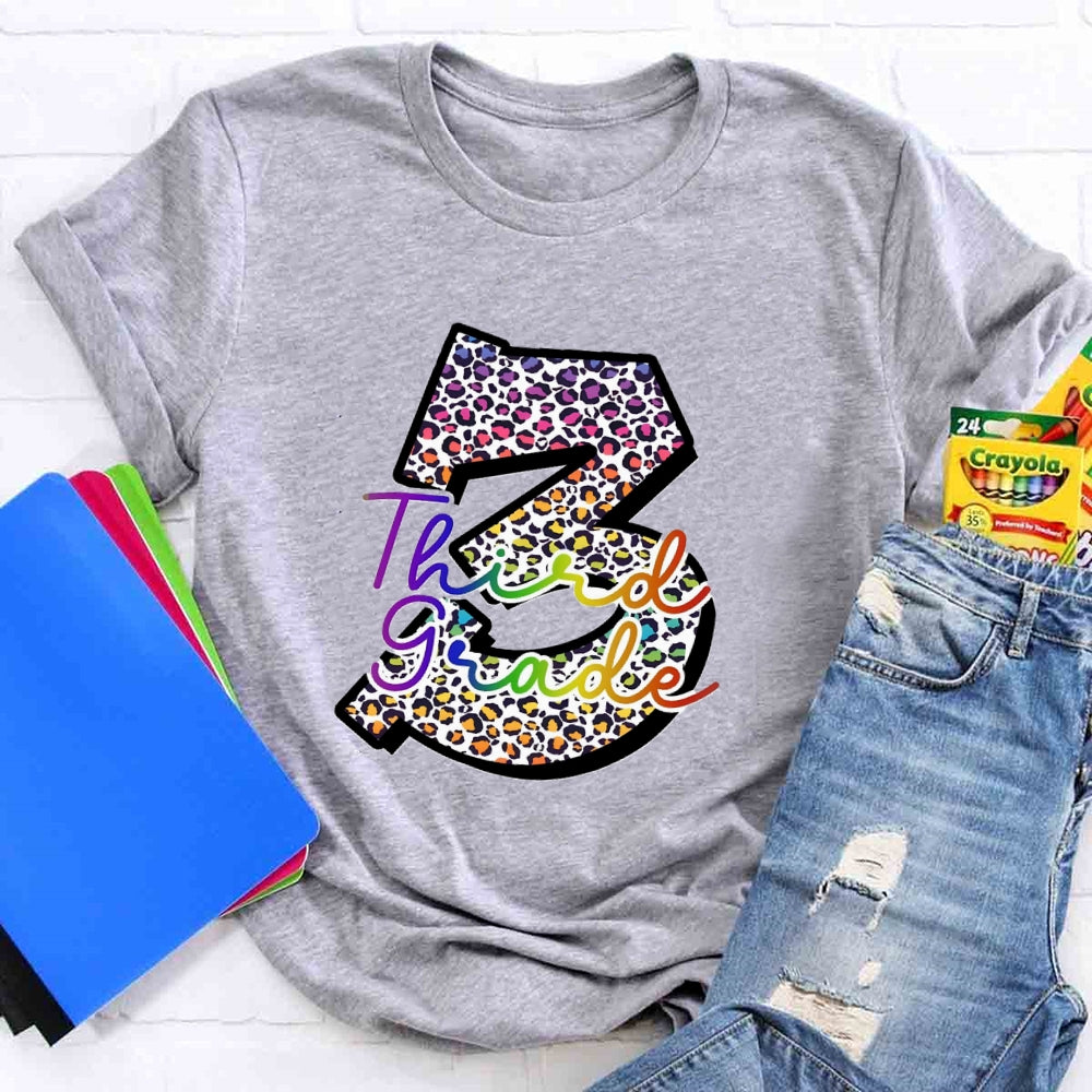 Personalized Grade Leopard Number Colorful Letter Third Grade T-shirt