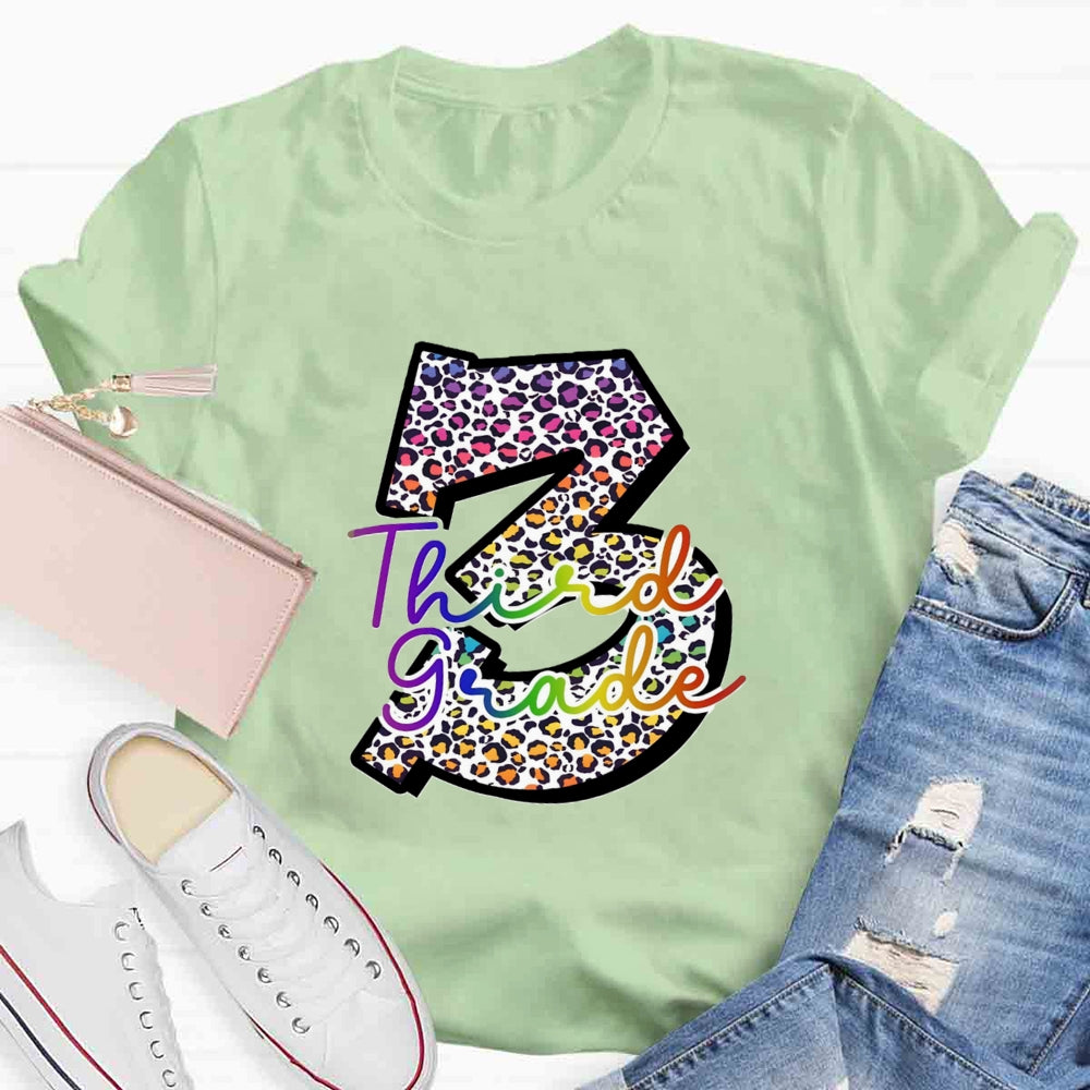 Personalized Grade Leopard Number Colorful Letter Third Grade T-shirt