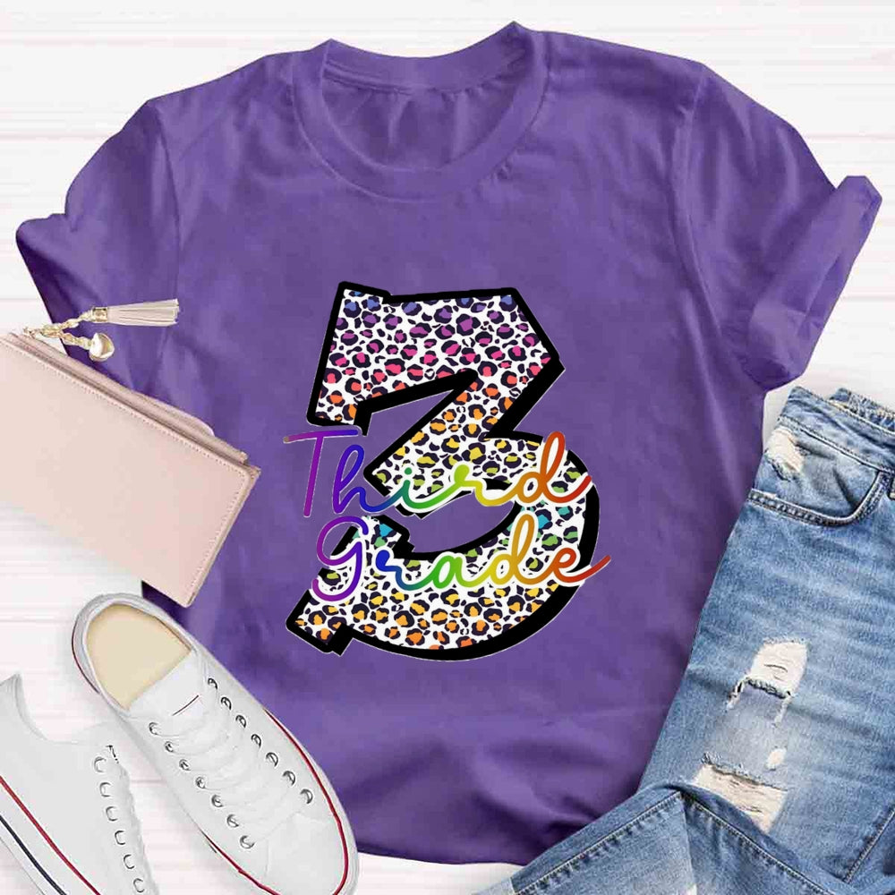 Personalized Grade Leopard Number Colorful Letter Third Grade T-shirt
