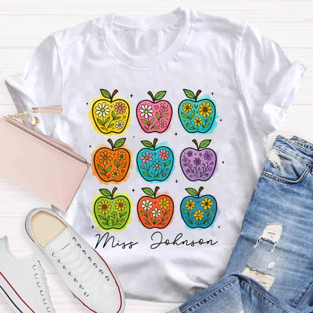 Personalized Name Apple Flower Heart Teacher T-shirt