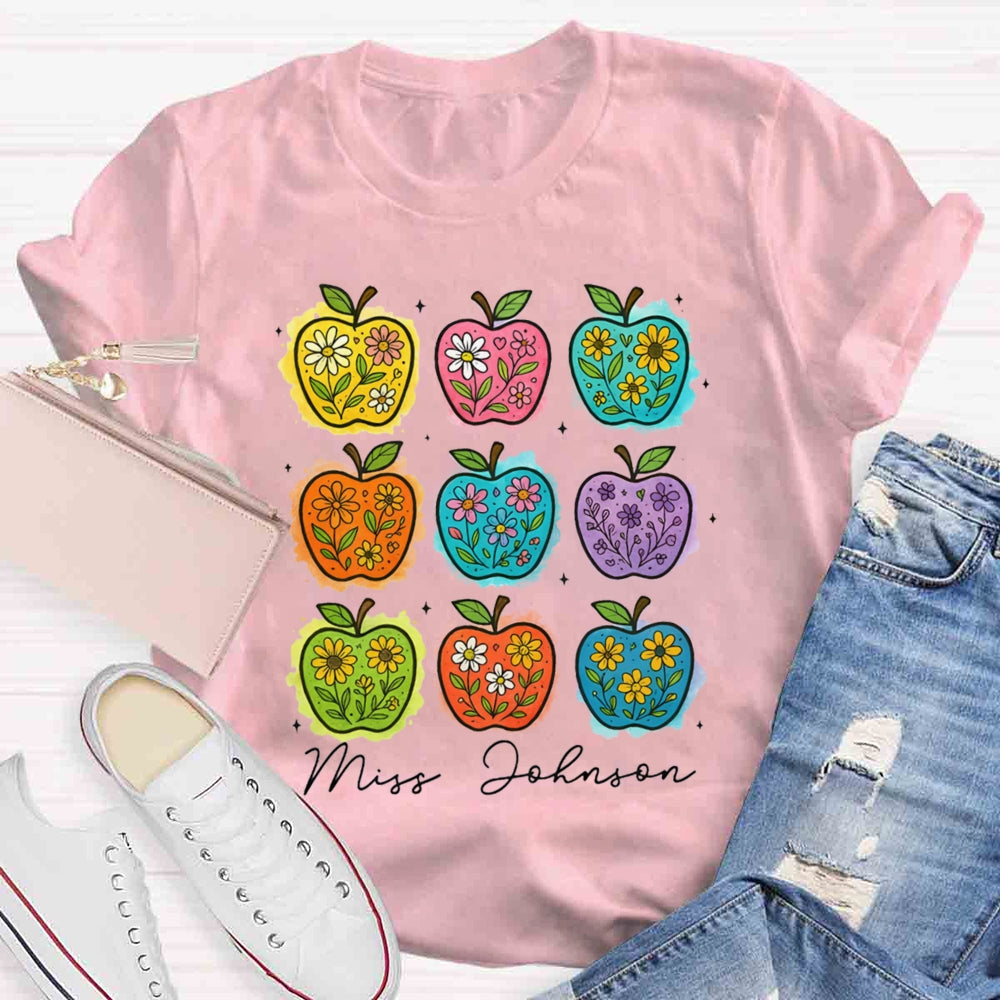 Personalized Name Apple Flower Heart Teacher T-shirt