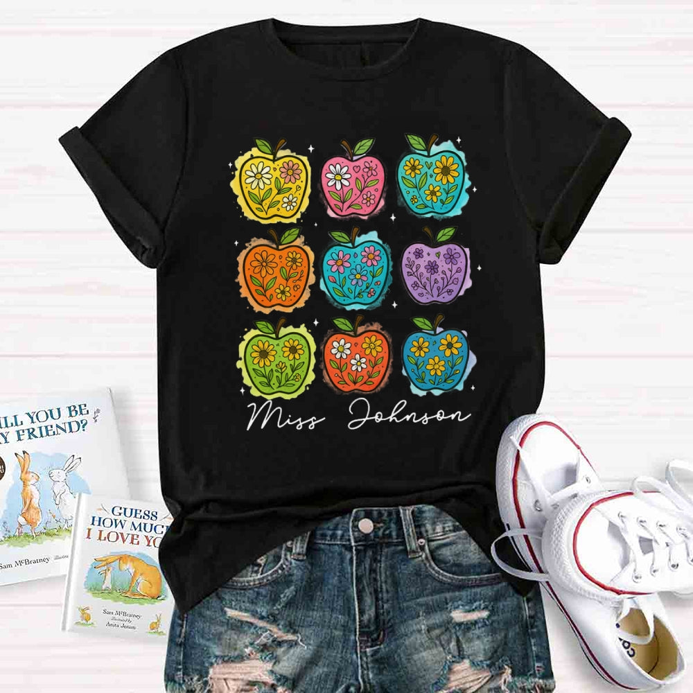 Personalized Name Apple Flower Heart Teacher T-shirt