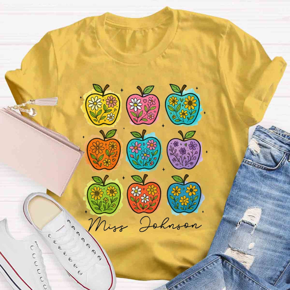 Personalized Name Apple Flower Heart Teacher T-shirt