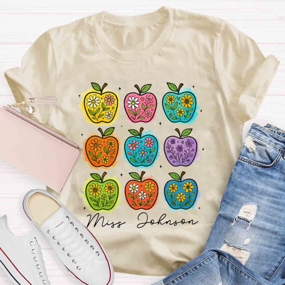 Personalized Name Apple Flower Heart Teacher T-shirt