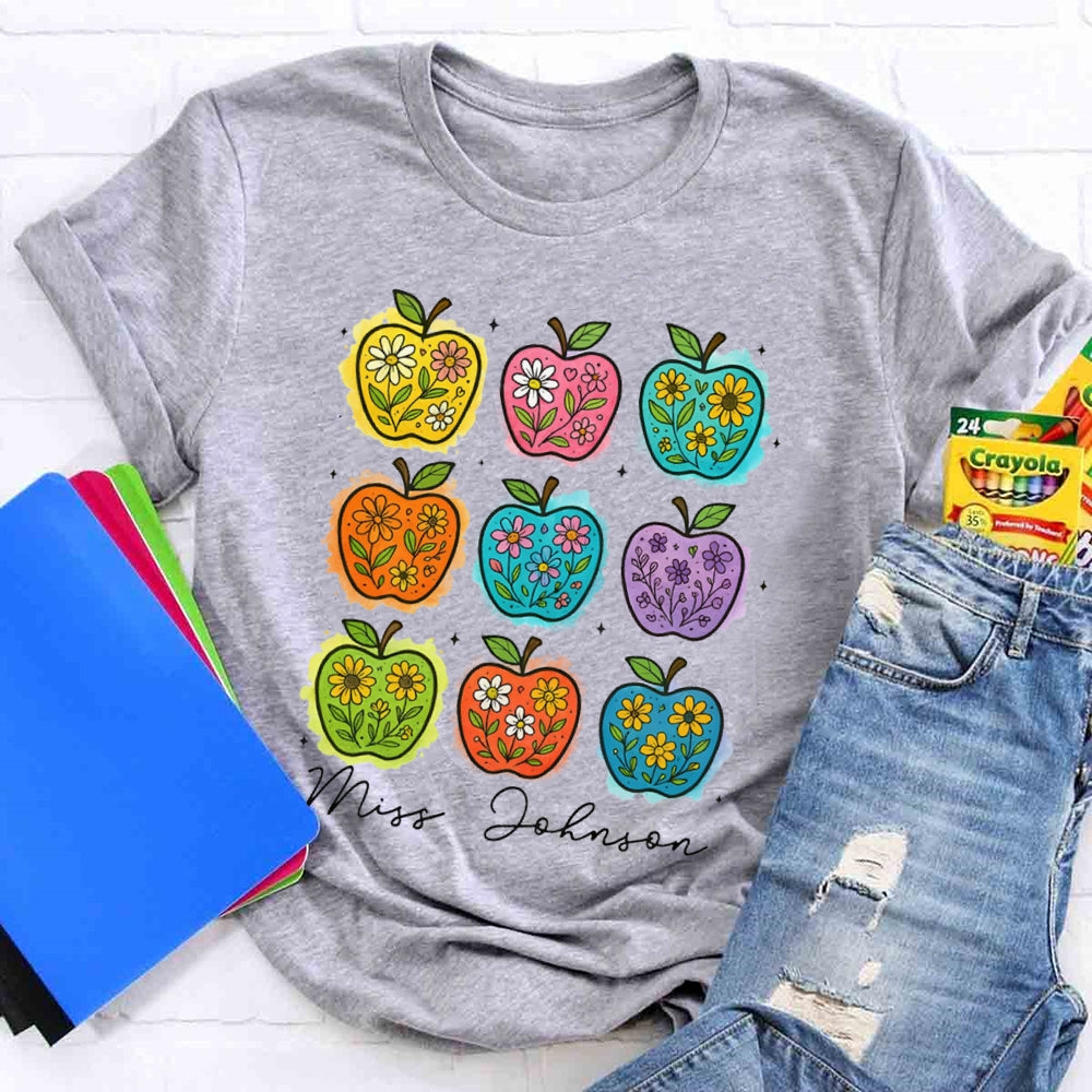 Personalized Name Apple Flower Heart Teacher T-shirt