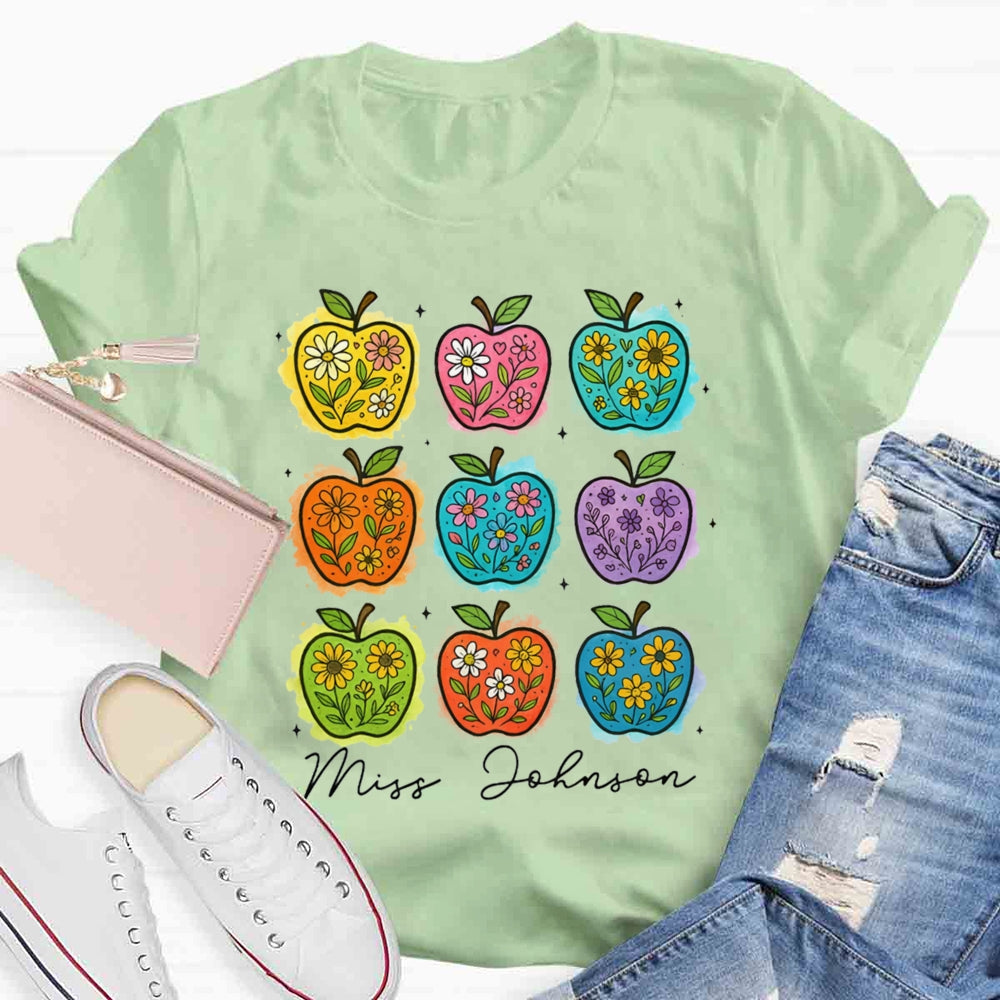 Personalized Name Apple Flower Heart Teacher T-shirt