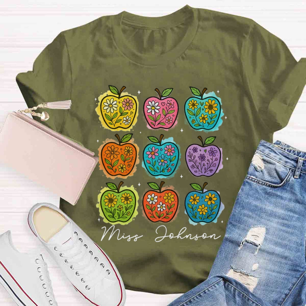Personalized Name Apple Flower Heart Teacher T-shirt