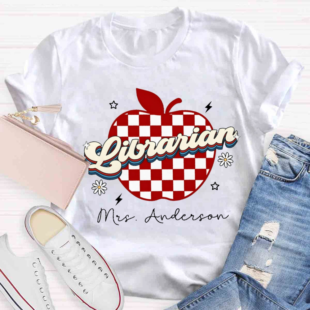 Personalized Name Librarian Red Checkered Apple T-shirt