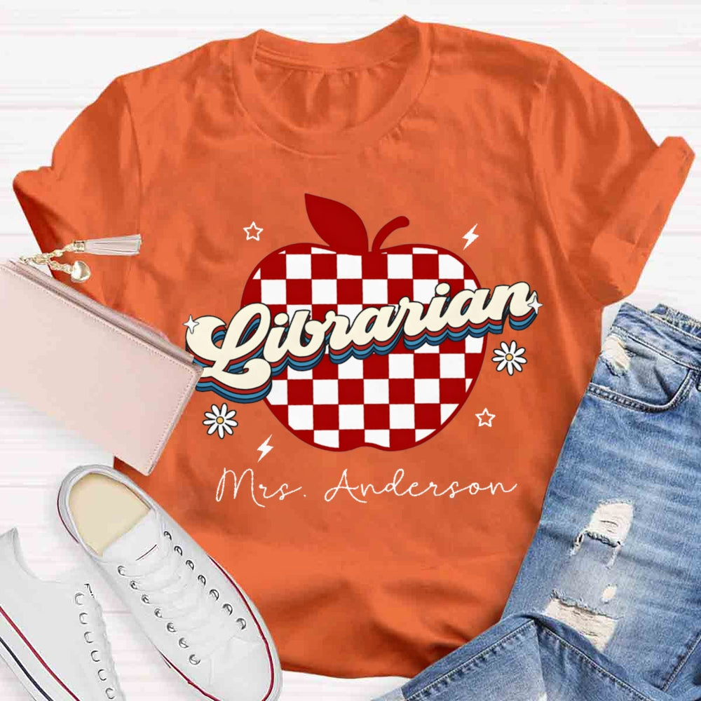 Personalized Name Librarian Red Checkered Apple T-shirt