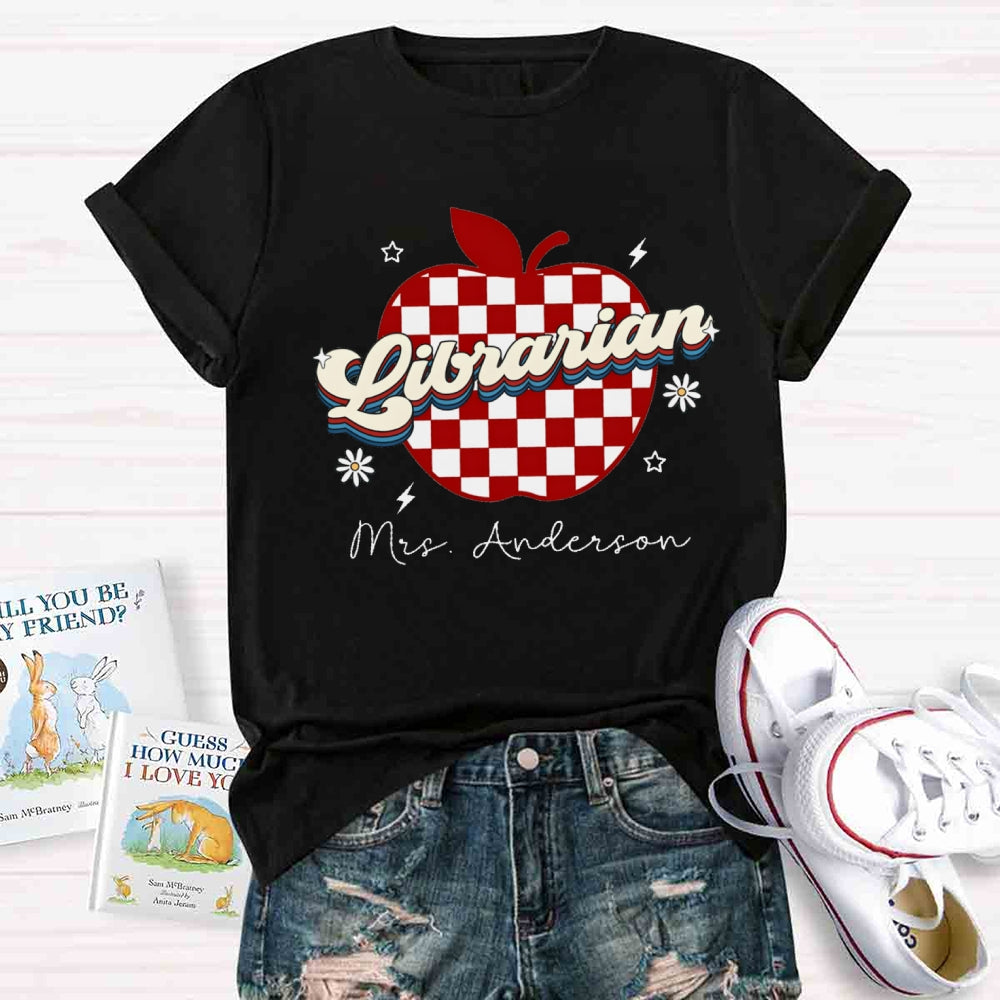 Personalized Name Librarian Red Checkered Apple T-shirt