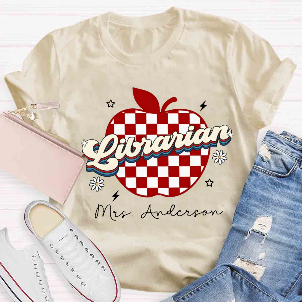 Personalized Name Librarian Red Checkered Apple T-shirt