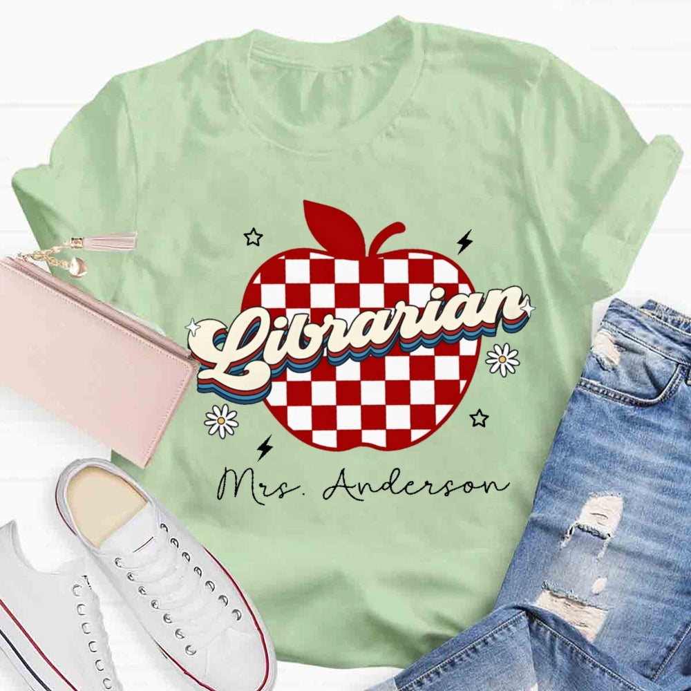 Personalized Name Librarian Red Checkered Apple T-shirt