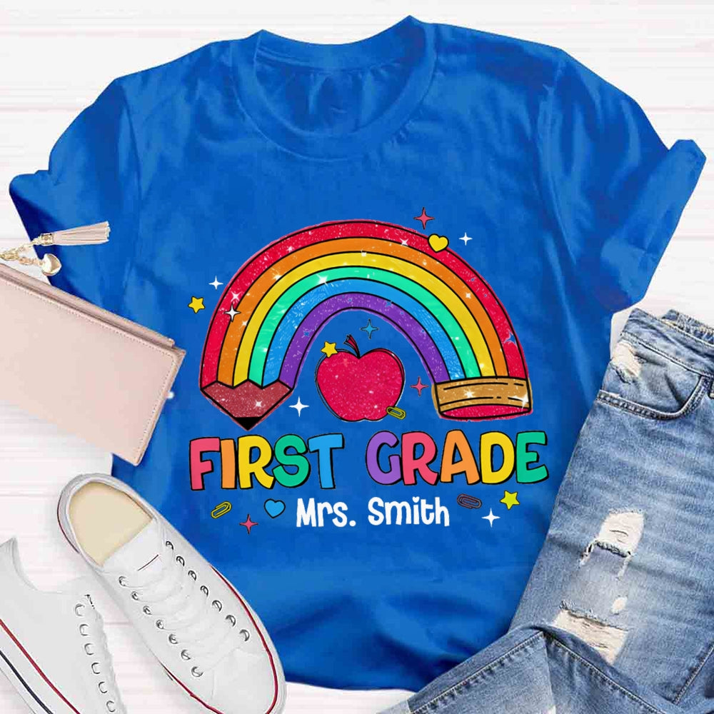 Personalized Name And Grade Rainbow Pencils Apple Print T-shirt