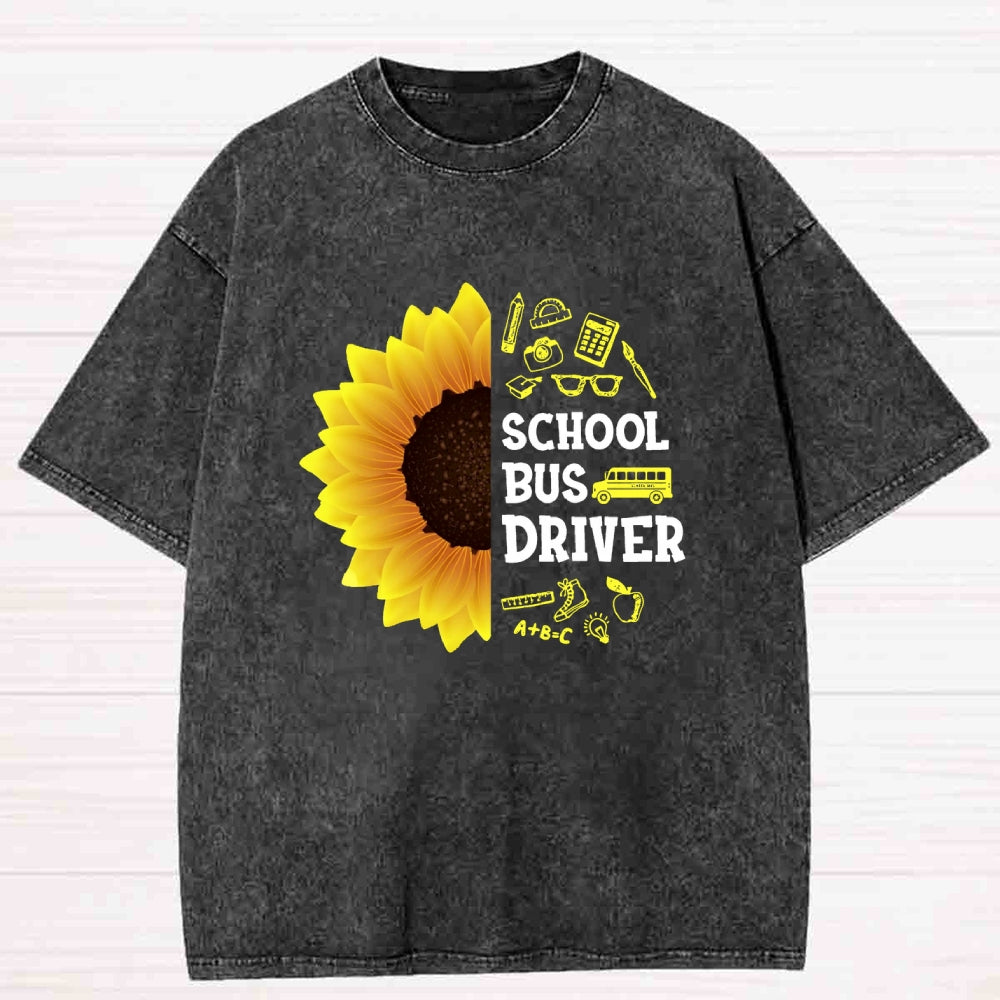 School Bus Driver Sunflower Washed T-shirt
