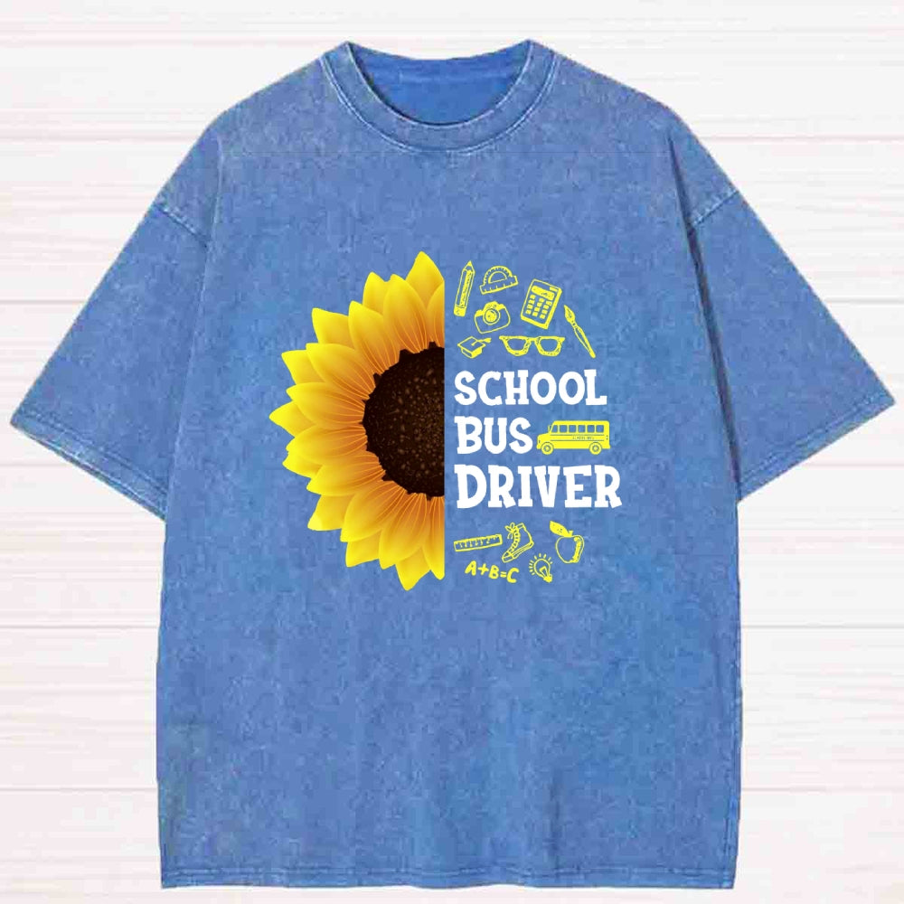 School Bus Driver Sunflower Washed T-shirt