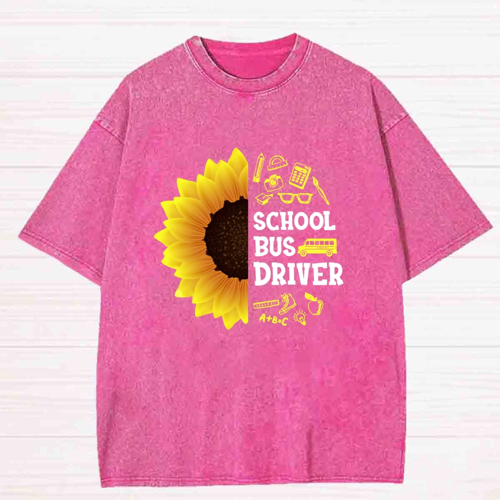School Bus Driver Sunflower Washed T-shirt