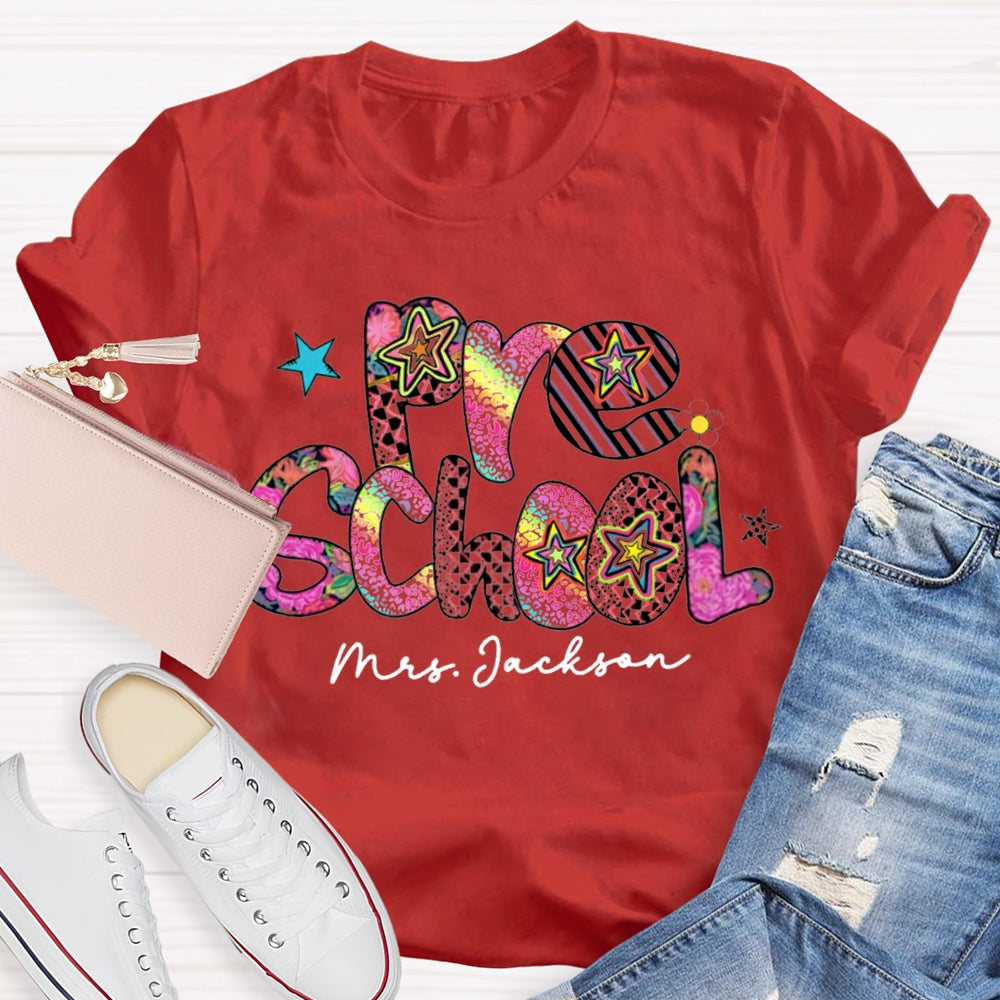 Personalized Name Pre School Colorful Leopard Print Teacher T-shirt