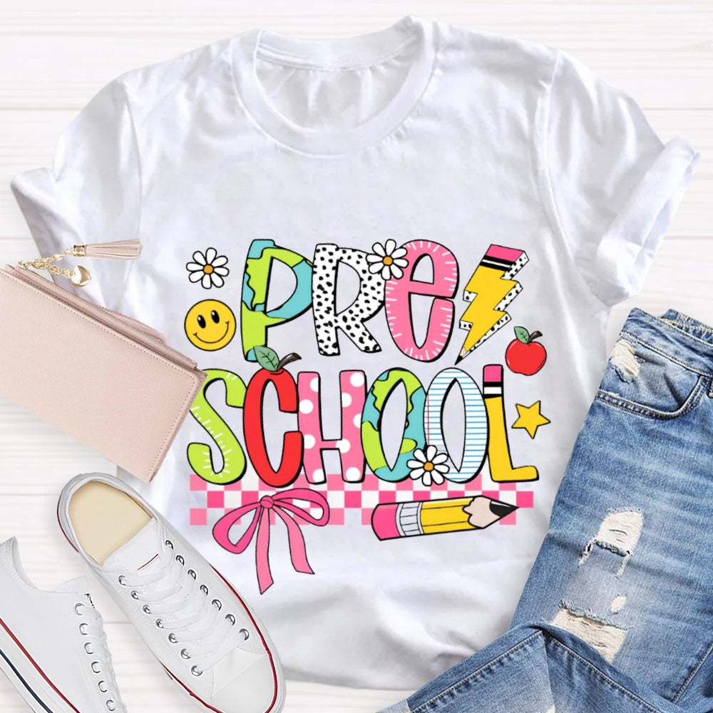Small Flower Letters Pre School Teacher T-shirt