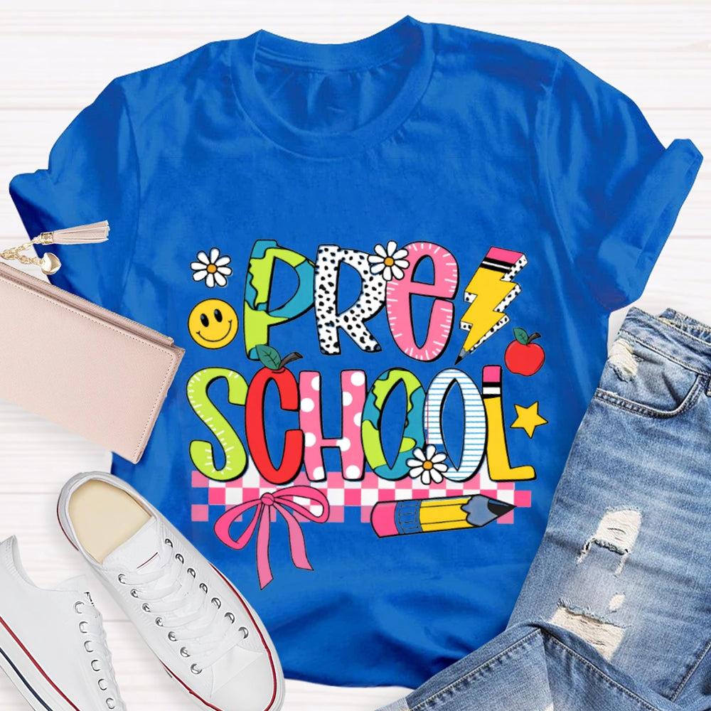 Small Flower Letters Pre School Teacher T-shirt