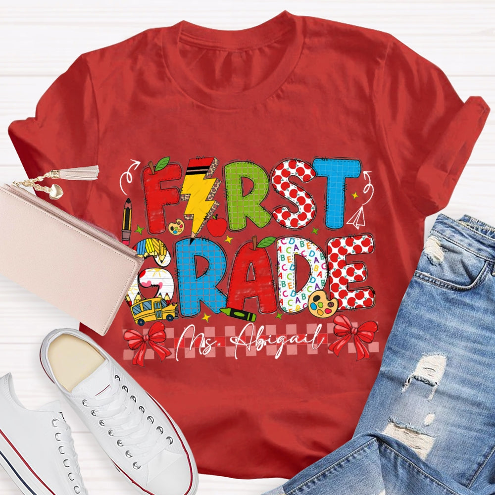 Personalized Name And Grade Red Bow Ribbon Teacher T-shirt