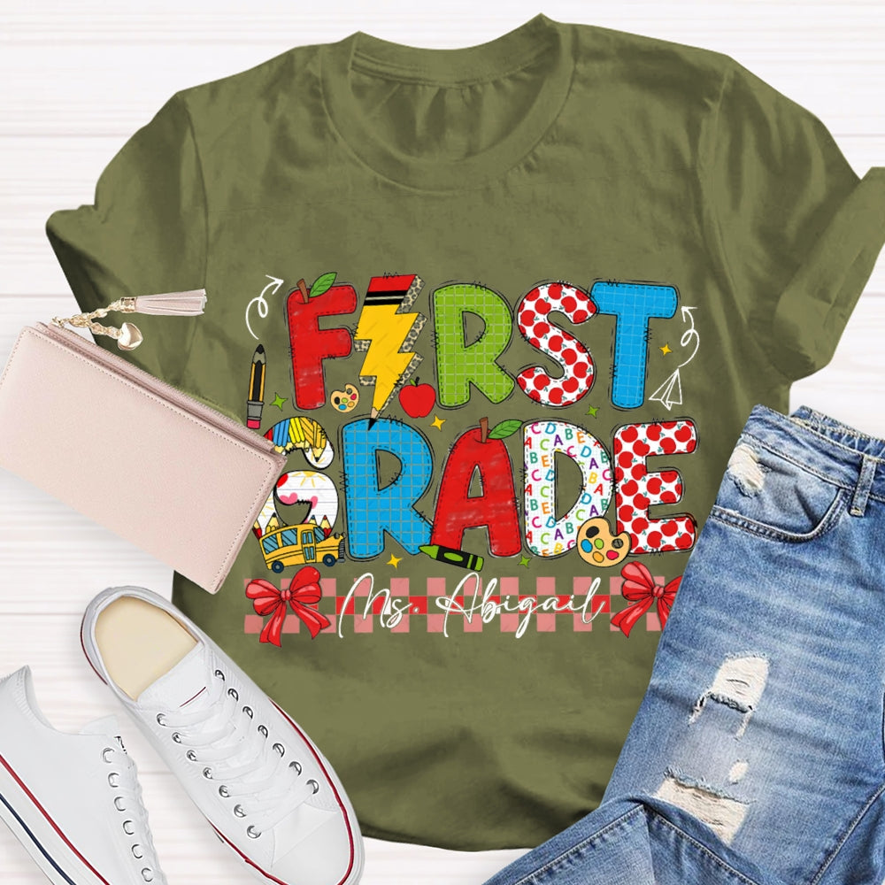 Personalized Name And Grade Red Bow Ribbon Teacher T-shirt