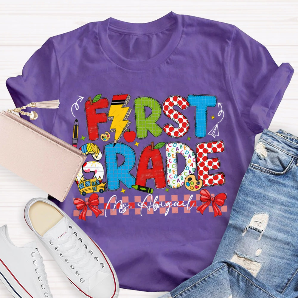 Personalized Name And Grade Red Bow Ribbon Teacher T-shirt