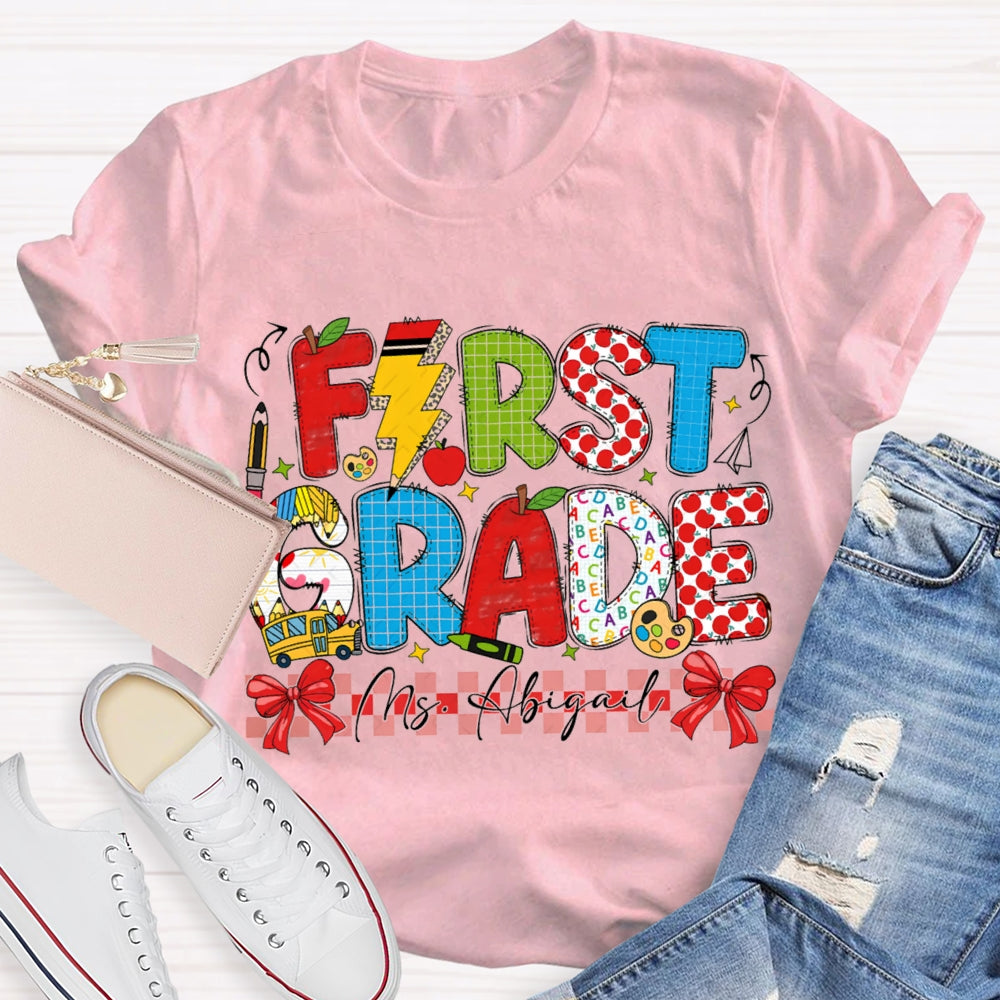 Personalized Name And Grade Red Bow Ribbon Teacher T-shirt