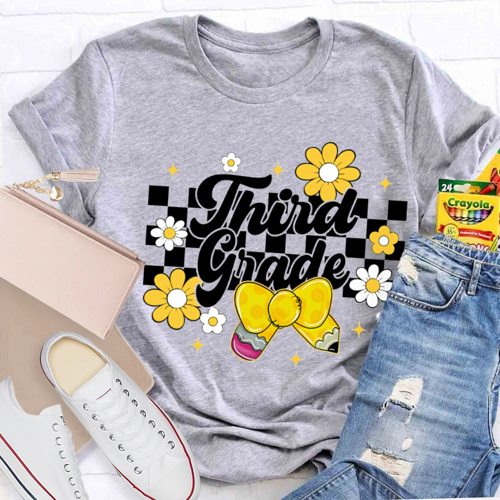 Personalized Grade Yellow Bow And Small Flowers Teacher T-shirt