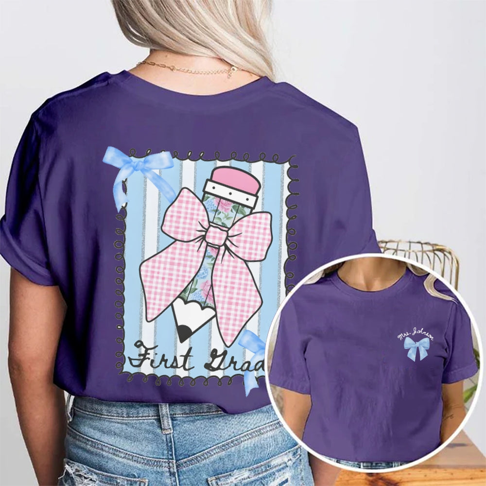 Personalized Grade And Name Pink Pencil Double Printed T-shirt