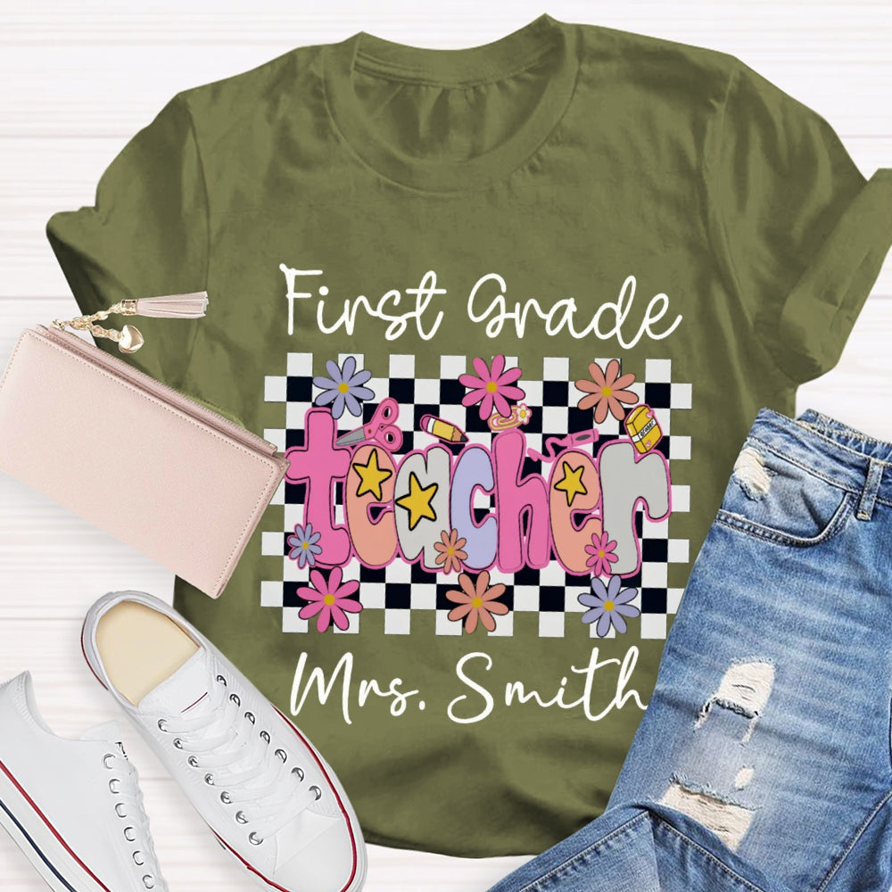 Personalized Name And Grade First Grade Stars And Flowers Teacher T-shirt
