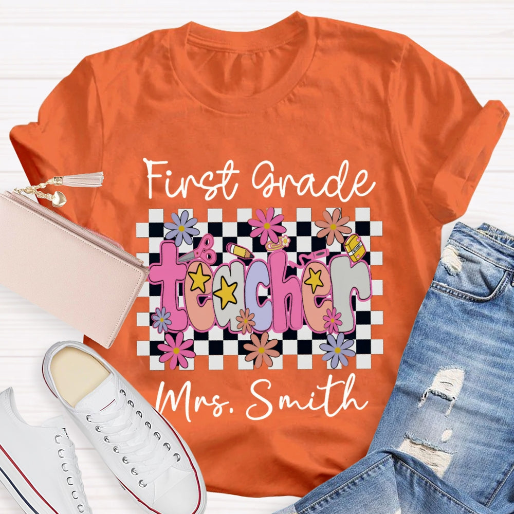 Personalized Name And Grade First Grade Stars And Flowers Teacher T-shirt