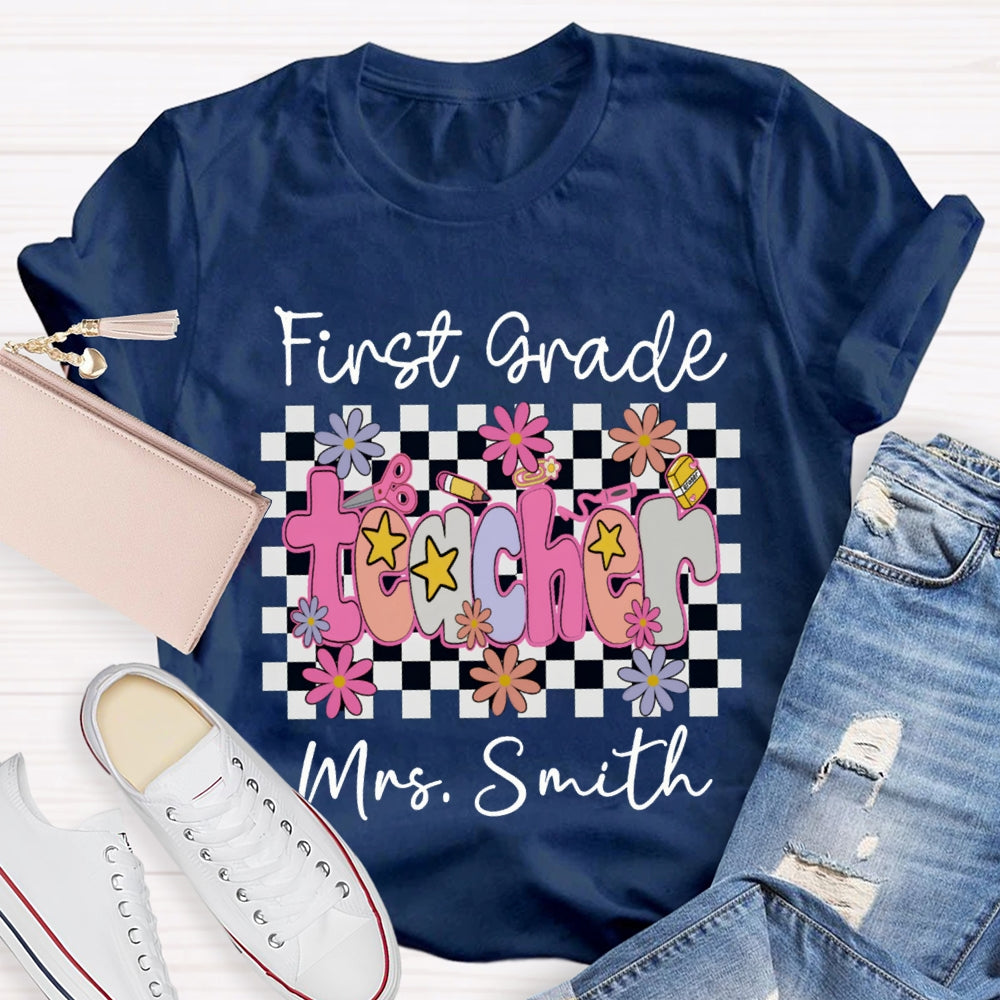 Personalized Name And Grade First Grade Stars And Flowers Teacher T-shirt