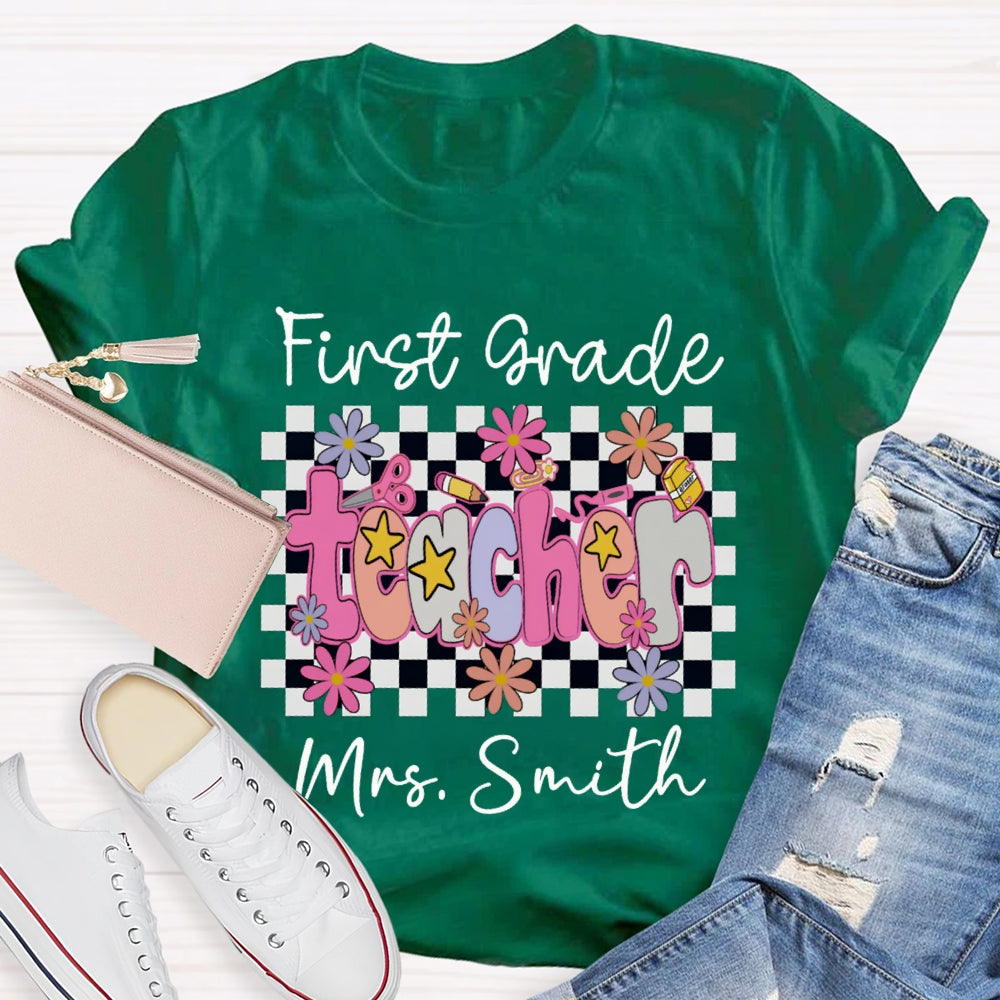 Personalized Name And Grade First Grade Stars And Flowers Teacher T-shirt