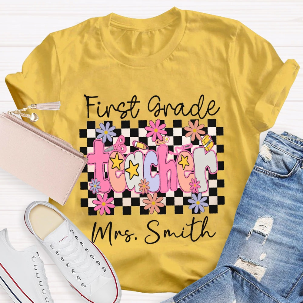 Personalized Name And Grade First Grade Stars And Flowers Teacher T-shirt