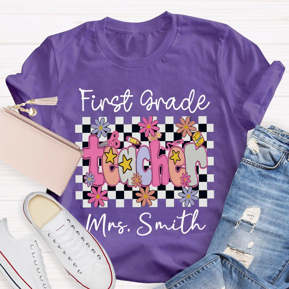 Personalized Name And Grade First Grade Stars And Flowers Teacher T-shirt