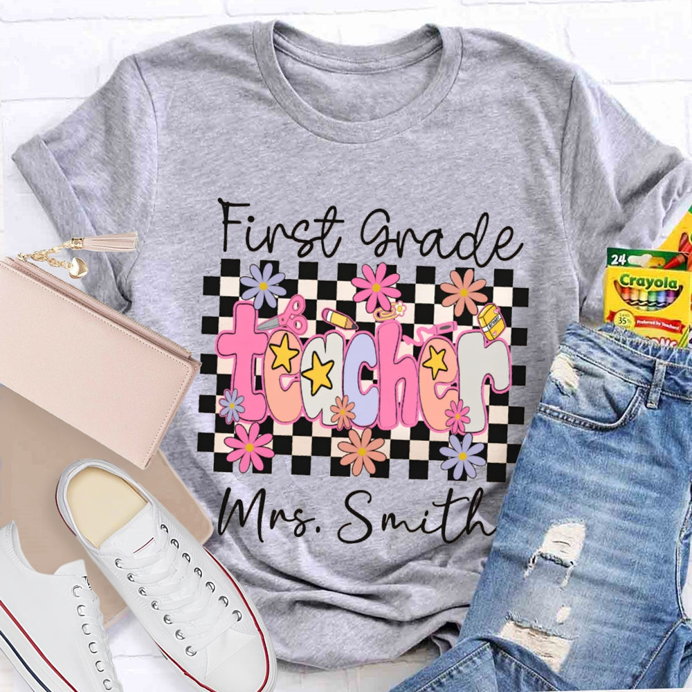 Personalized Name And Grade First Grade Stars And Flowers Teacher T-shirt