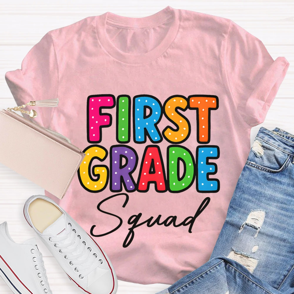 Personalized Grade First Grade Squad Polka Dot Print Teacher T-shirt
