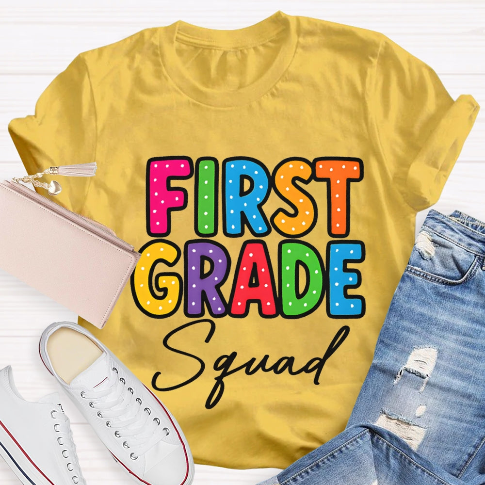 Personalized Grade First Grade Squad Polka Dot Print Teacher T-shirt