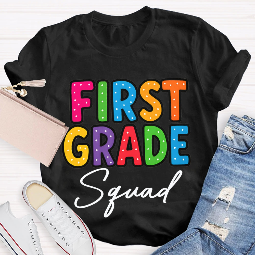 Personalized Grade First Grade Squad Polka Dot Print Teacher T-shirt
